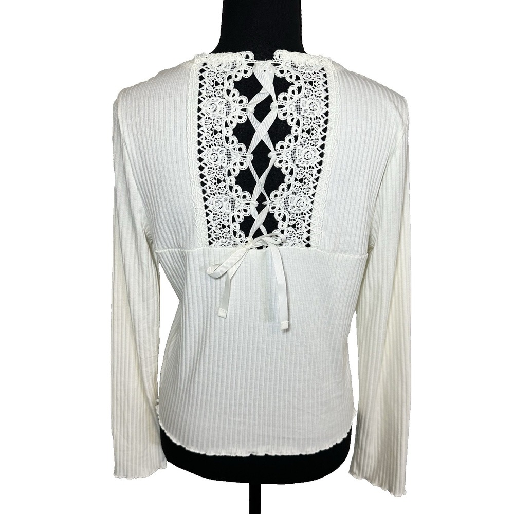 American Rag Women LARGE Cream Ribbed Lace Up‎ Back Lettuce Long Sleeve Boho Top